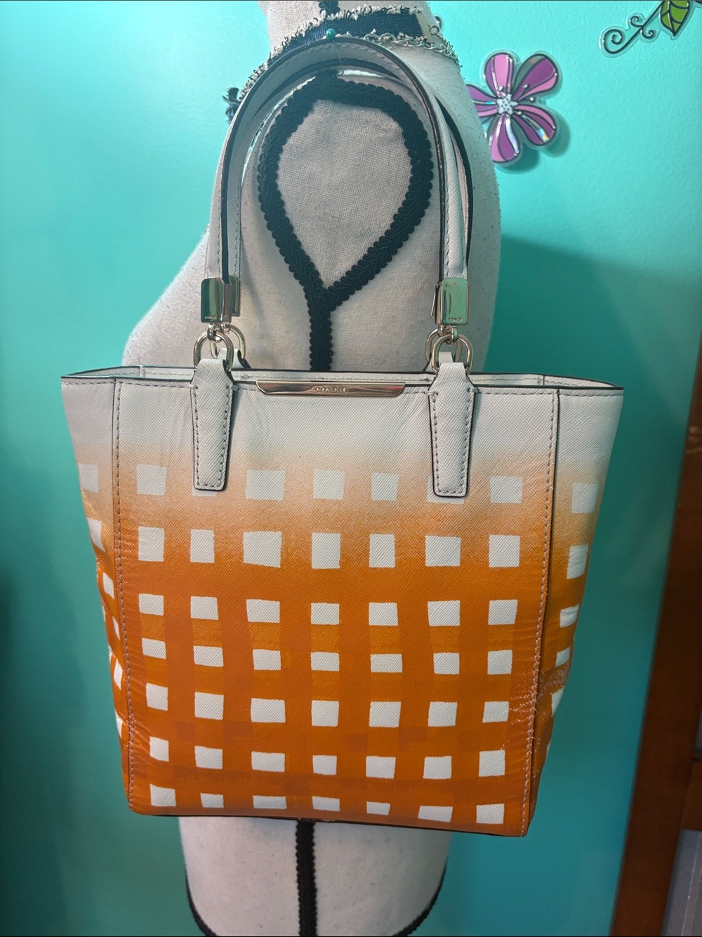 Coach Madison Orange and White Gradient Checkered Tote